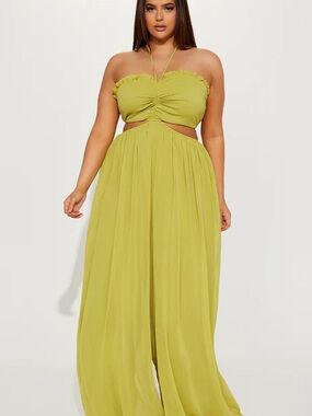 Strapless Ruched Cutout Jumpsuit in Chartreuse